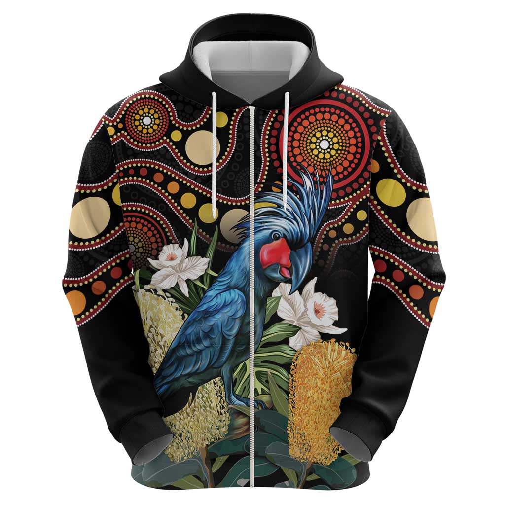 Australia Palm Cockatoo Zip Hoodie Aussie Banksia - Aboriginal Pattern