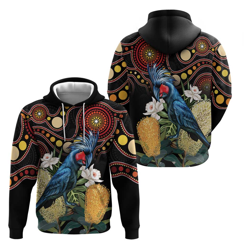 Australia Palm Cockatoo Zip Hoodie Aussie Banksia - Aboriginal Pattern
