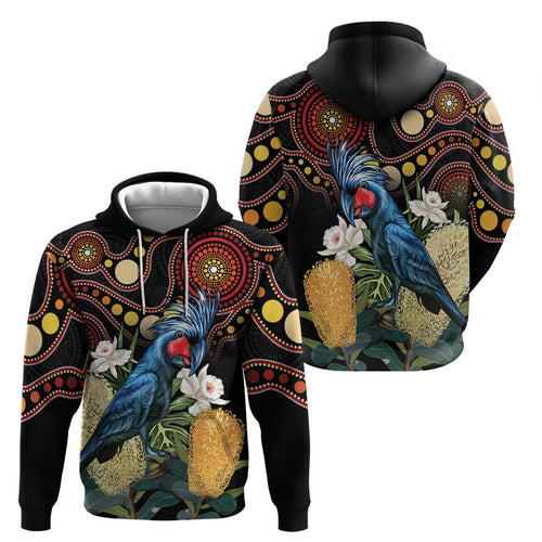 Australia Palm Cockatoo Zip Hoodie Aussie Banksia - Aboriginal Pattern