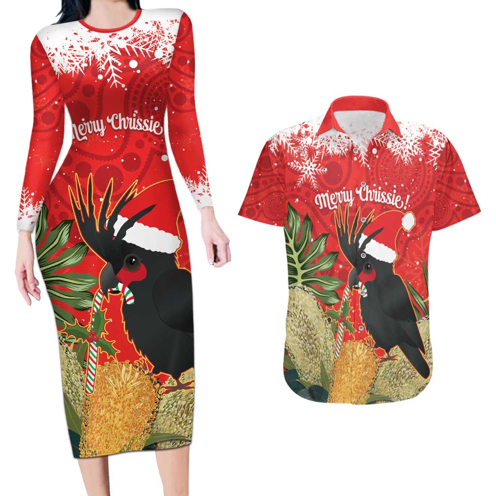 Personalised Palm Cockatoo Australia Christmas Couples Matching Long Sleeve Bodycon Dress and Hawaiian Shirt Merry Chrissie - Banksia Flowers