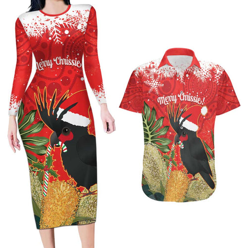 Personalised Palm Cockatoo Australia Christmas Couples Matching Long Sleeve Bodycon Dress and Hawaiian Shirt Merry Chrissie - Banksia Flowers