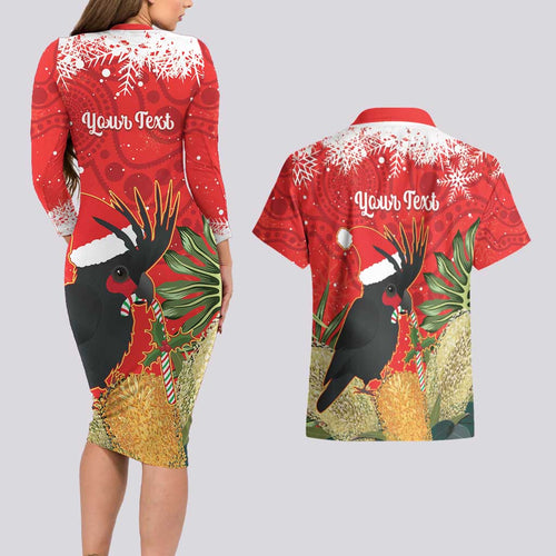 Personalised Palm Cockatoo Australia Christmas Couples Matching Long Sleeve Bodycon Dress and Hawaiian Shirt Merry Chrissie - Banksia Flowers