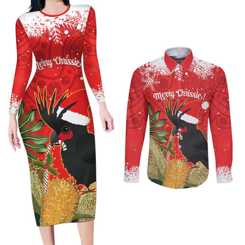 Personalised Palm Cockatoo Australia Christmas Couples Matching Long Sleeve Bodycon Dress and Long Sleeve Button Shirt Merry Chrissie - Banksia Flowers
