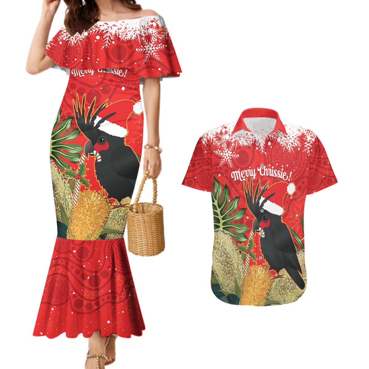 Personalised Palm Cockatoo Australia Christmas Couples Matching Mermaid Dress and Hawaiian Shirt Merry Chrissie - Banksia Flowers
