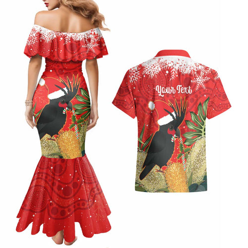 Personalised Palm Cockatoo Australia Christmas Couples Matching Mermaid Dress and Hawaiian Shirt Merry Chrissie - Banksia Flowers