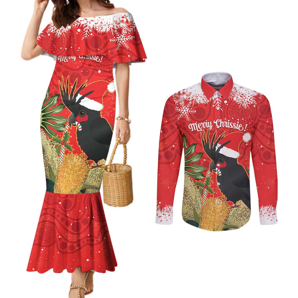 Personalised Palm Cockatoo Australia Christmas Couples Matching Mermaid Dress and Long Sleeve Button Shirt Merry Chrissie - Banksia Flowers