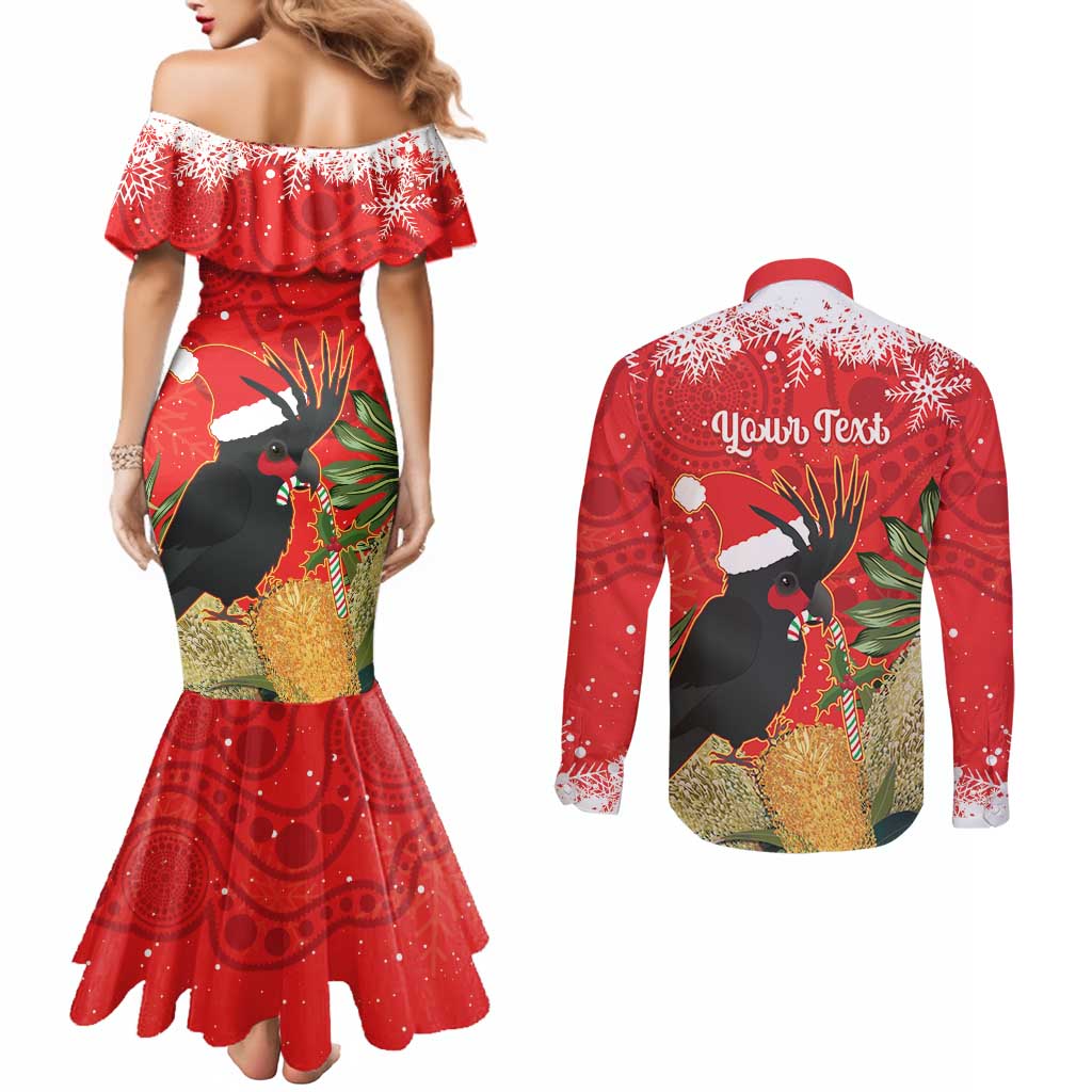 Personalised Palm Cockatoo Australia Christmas Couples Matching Mermaid Dress and Long Sleeve Button Shirt Merry Chrissie - Banksia Flowers