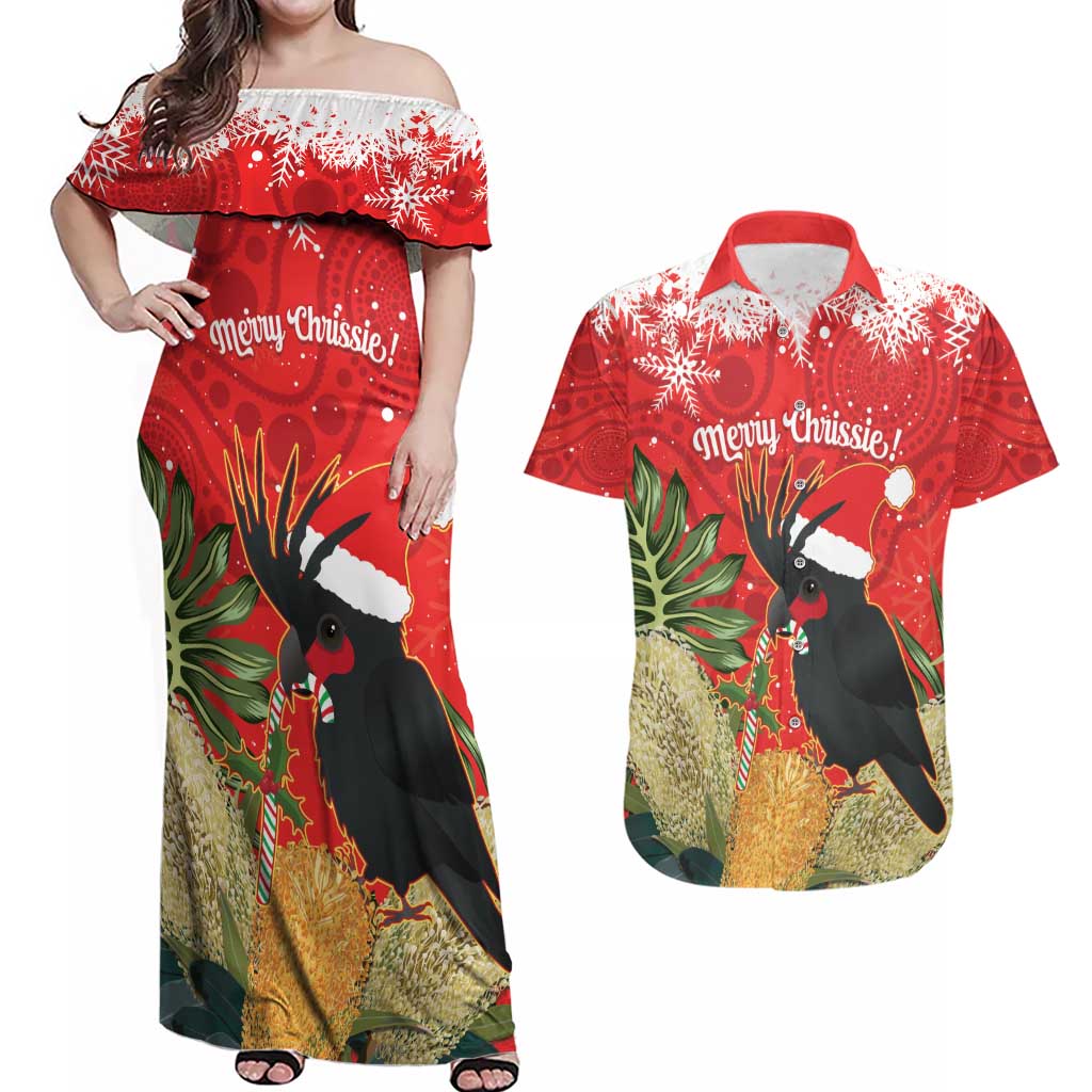 Personalised Palm Cockatoo Australia Christmas Couples Matching Off Shoulder Maxi Dress and Hawaiian Shirt Merry Chrissie - Banksia Flowers