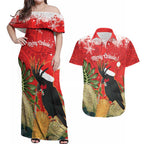 Personalised Palm Cockatoo Australia Christmas Couples Matching Off Shoulder Maxi Dress and Hawaiian Shirt Merry Chrissie - Banksia Flowers