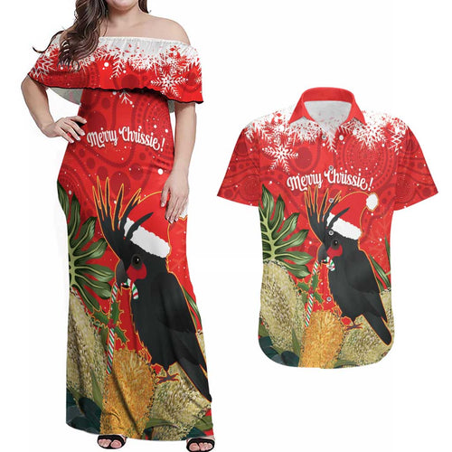 Personalised Palm Cockatoo Australia Christmas Couples Matching Off Shoulder Maxi Dress and Hawaiian Shirt Merry Chrissie - Banksia Flowers