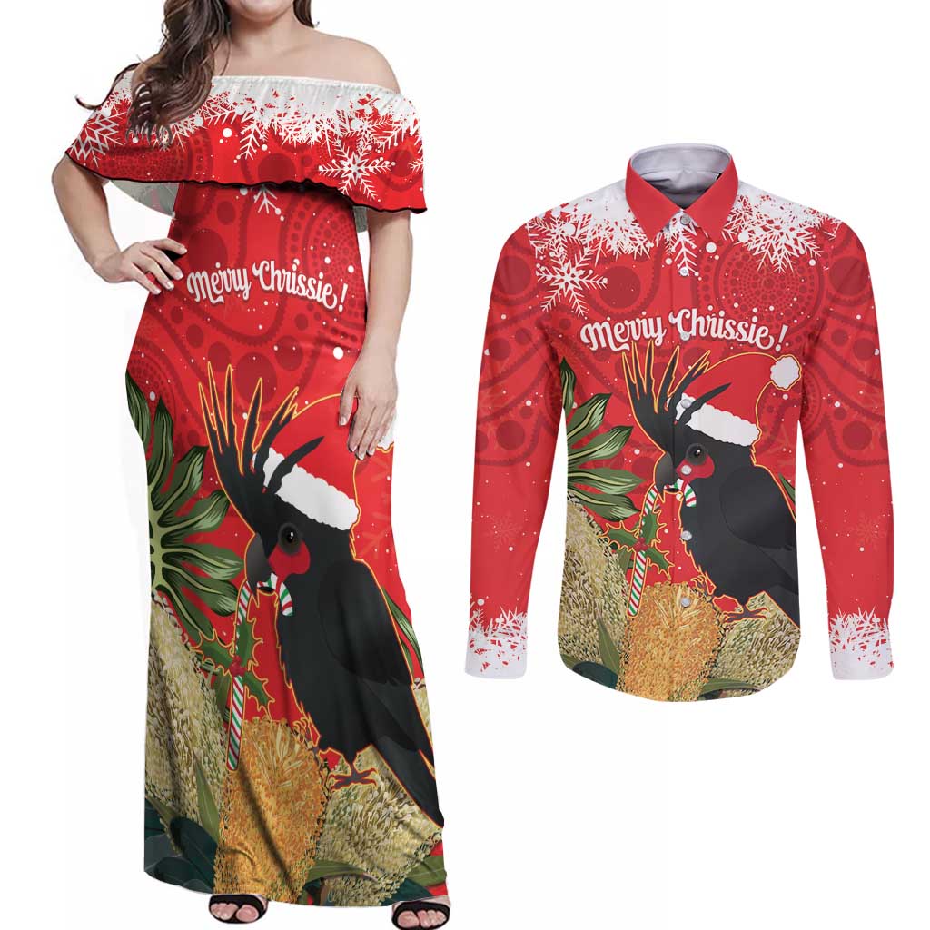 Personalised Palm Cockatoo Australia Christmas Couples Matching Off Shoulder Maxi Dress and Long Sleeve Button Shirt Merry Chrissie - Banksia Flowers