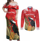 Personalised Palm Cockatoo Australia Christmas Couples Matching Off Shoulder Maxi Dress and Long Sleeve Button Shirt Merry Chrissie - Banksia Flowers