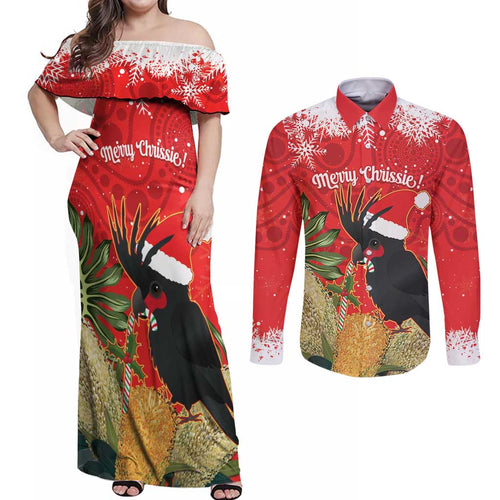 Personalised Palm Cockatoo Australia Christmas Couples Matching Off Shoulder Maxi Dress and Long Sleeve Button Shirt Merry Chrissie - Banksia Flowers