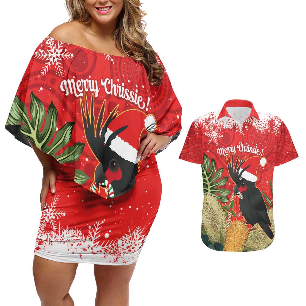 Personalised Palm Cockatoo Australia Christmas Couples Matching Off Shoulder Short Dress and Hawaiian Shirt Merry Chrissie - Banksia Flowers