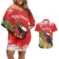Personalised Palm Cockatoo Australia Christmas Couples Matching Off Shoulder Short Dress and Hawaiian Shirt Merry Chrissie - Banksia Flowers