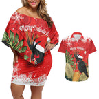 Personalised Palm Cockatoo Australia Christmas Couples Matching Off Shoulder Short Dress and Hawaiian Shirt Merry Chrissie - Banksia Flowers