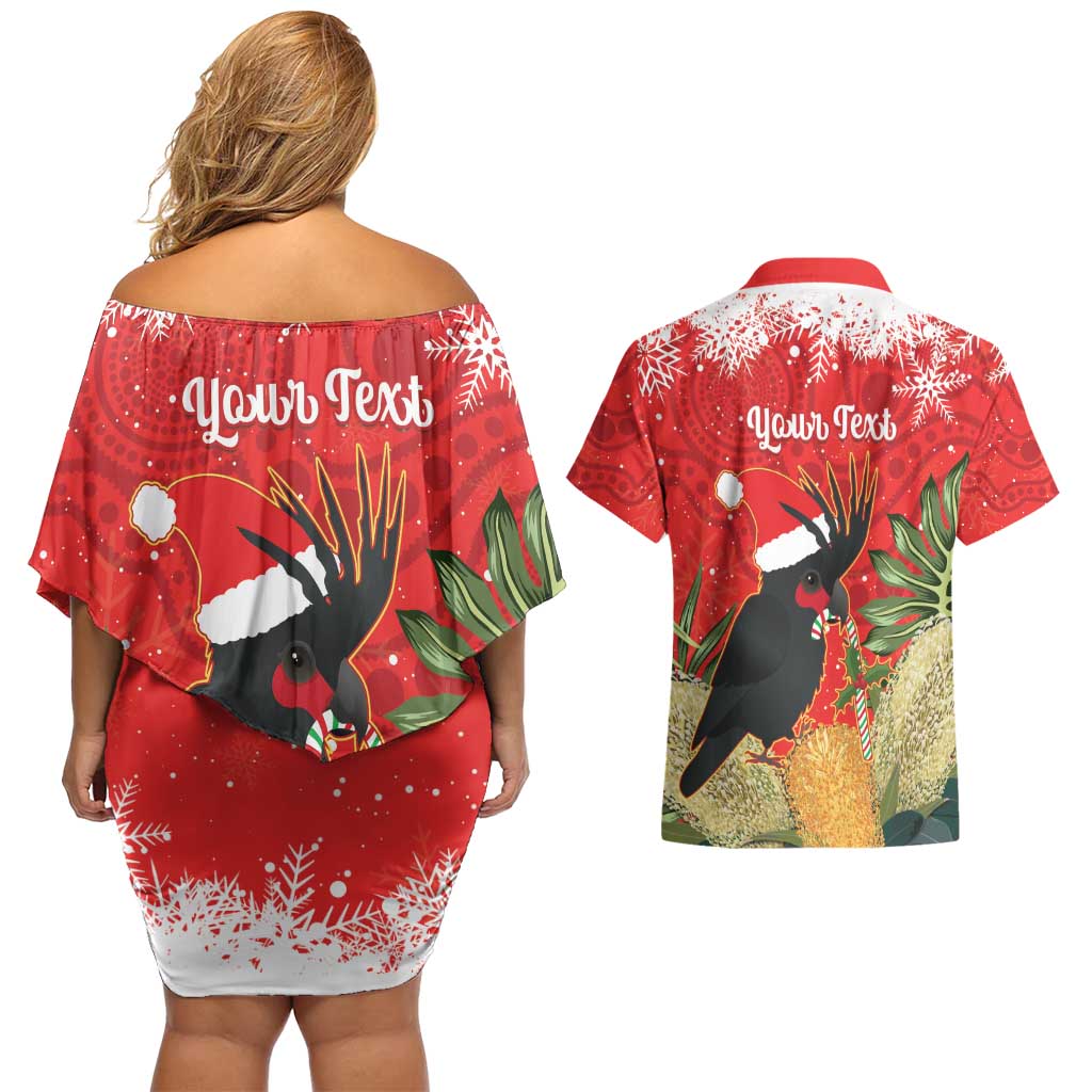 Personalised Palm Cockatoo Australia Christmas Couples Matching Off Shoulder Short Dress and Hawaiian Shirt Merry Chrissie - Banksia Flowers