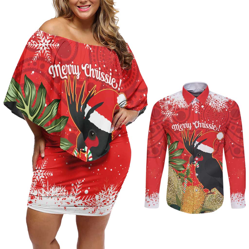 Personalised Palm Cockatoo Australia Christmas Couples Matching Off Shoulder Short Dress and Long Sleeve Button Shirt Merry Chrissie - Banksia Flowers