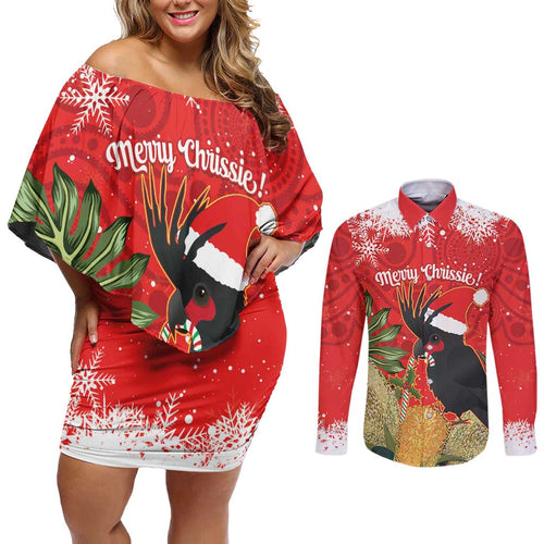 Personalised Palm Cockatoo Australia Christmas Couples Matching Off Shoulder Short Dress and Long Sleeve Button Shirt Merry Chrissie - Banksia Flowers
