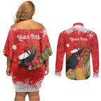 Personalised Palm Cockatoo Australia Christmas Couples Matching Off Shoulder Short Dress and Long Sleeve Button Shirt Merry Chrissie - Banksia Flowers