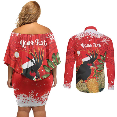 Personalised Palm Cockatoo Australia Christmas Couples Matching Off Shoulder Short Dress and Long Sleeve Button Shirt Merry Chrissie - Banksia Flowers