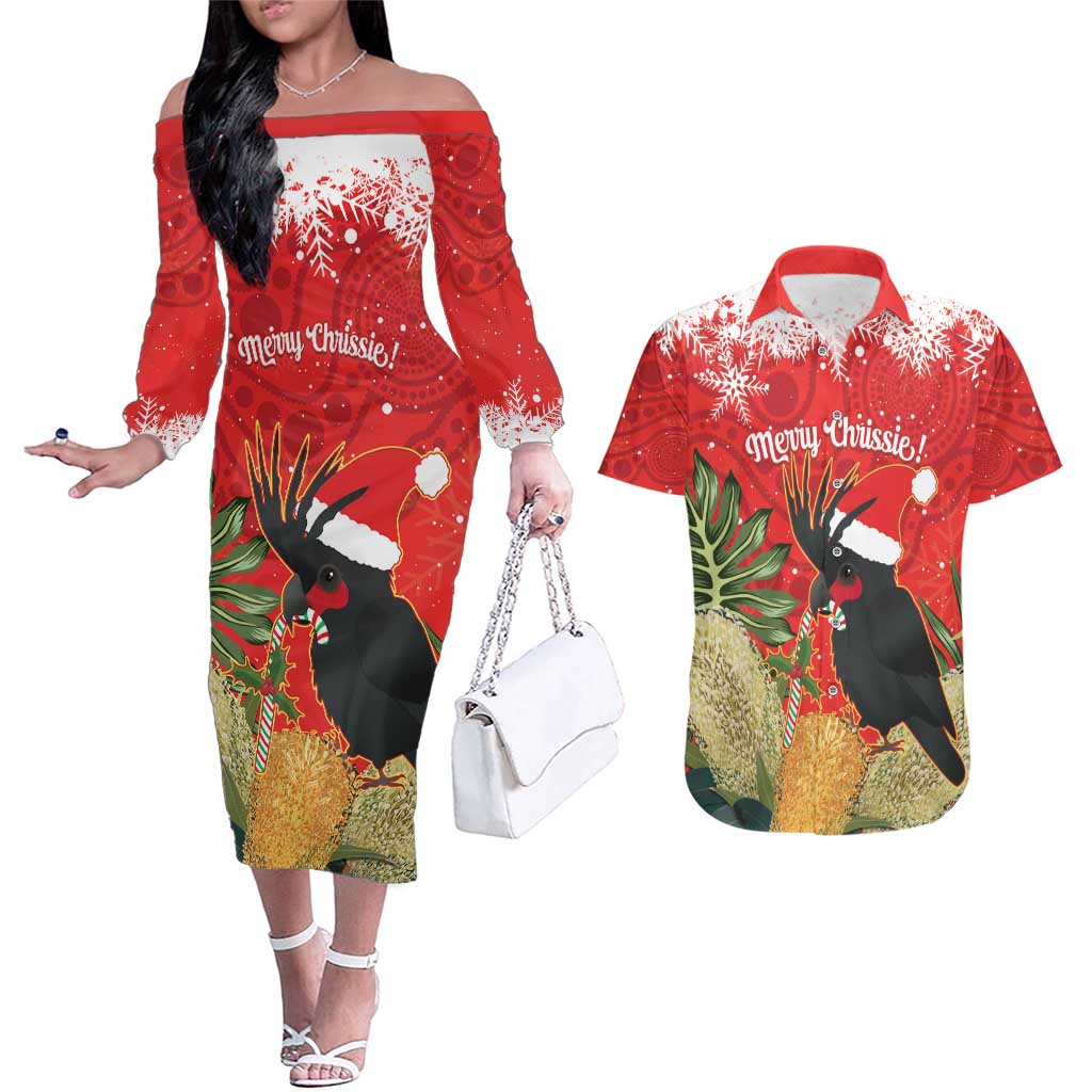 Personalised Palm Cockatoo Australia Christmas Couples Matching Off The Shoulder Long Sleeve Dress and Hawaiian Shirt Merry Chrissie - Banksia Flowers