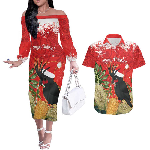 Personalised Palm Cockatoo Australia Christmas Couples Matching Off The Shoulder Long Sleeve Dress and Hawaiian Shirt Merry Chrissie - Banksia Flowers