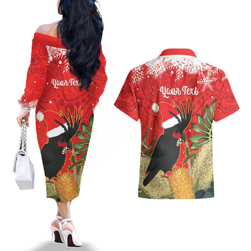 Personalised Palm Cockatoo Australia Christmas Couples Matching Off The Shoulder Long Sleeve Dress and Hawaiian Shirt Merry Chrissie - Banksia Flowers