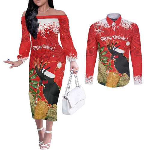 Personalised Palm Cockatoo Australia Christmas Couples Matching Off The Shoulder Long Sleeve Dress and Long Sleeve Button Shirt Merry Chrissie - Banksia Flowers