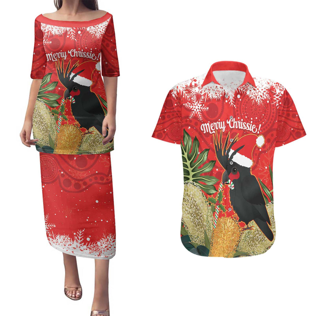 Personalised Palm Cockatoo Australia Christmas Couples Matching Puletasi and Hawaiian Shirt Merry Chrissie - Banksia Flowers