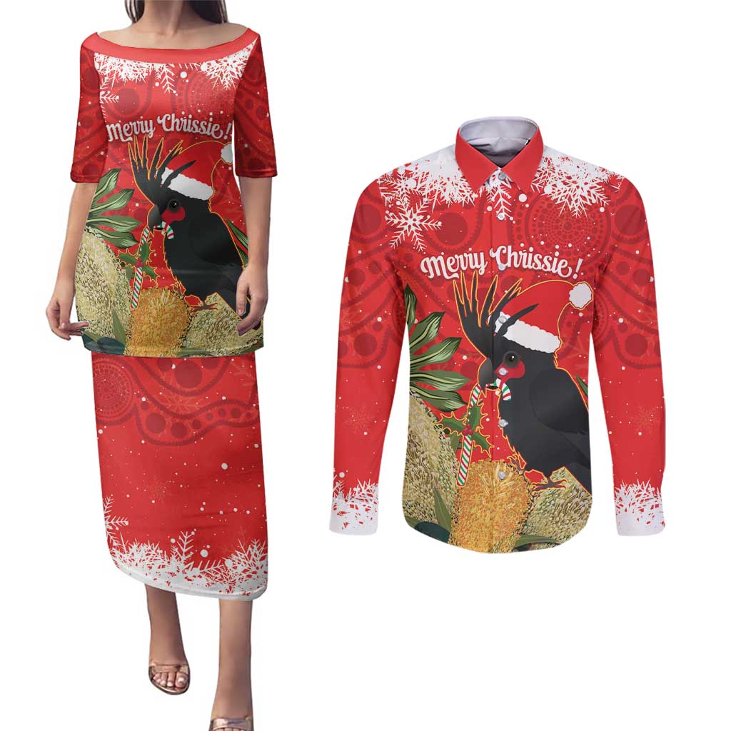 Personalised Palm Cockatoo Australia Christmas Couples Matching Puletasi and Long Sleeve Button Shirt Merry Chrissie - Banksia Flowers