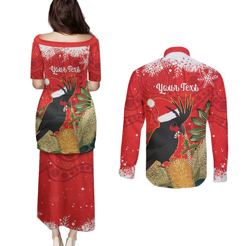 Personalised Palm Cockatoo Australia Christmas Couples Matching Puletasi and Long Sleeve Button Shirt Merry Chrissie - Banksia Flowers