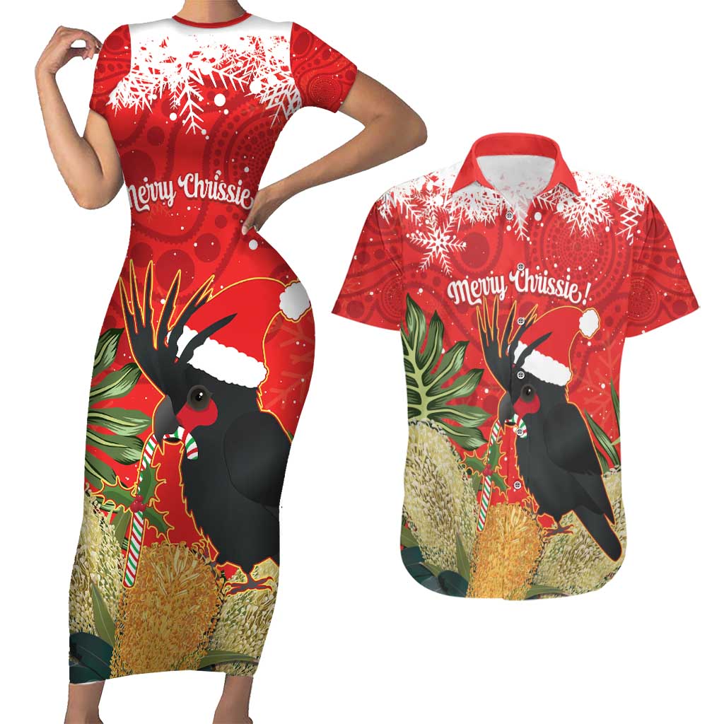Personalised Palm Cockatoo Australia Christmas Couples Matching Short Sleeve Bodycon Dress and Hawaiian Shirt Merry Chrissie - Banksia Flowers