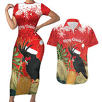 Personalised Palm Cockatoo Australia Christmas Couples Matching Short Sleeve Bodycon Dress and Hawaiian Shirt Merry Chrissie - Banksia Flowers