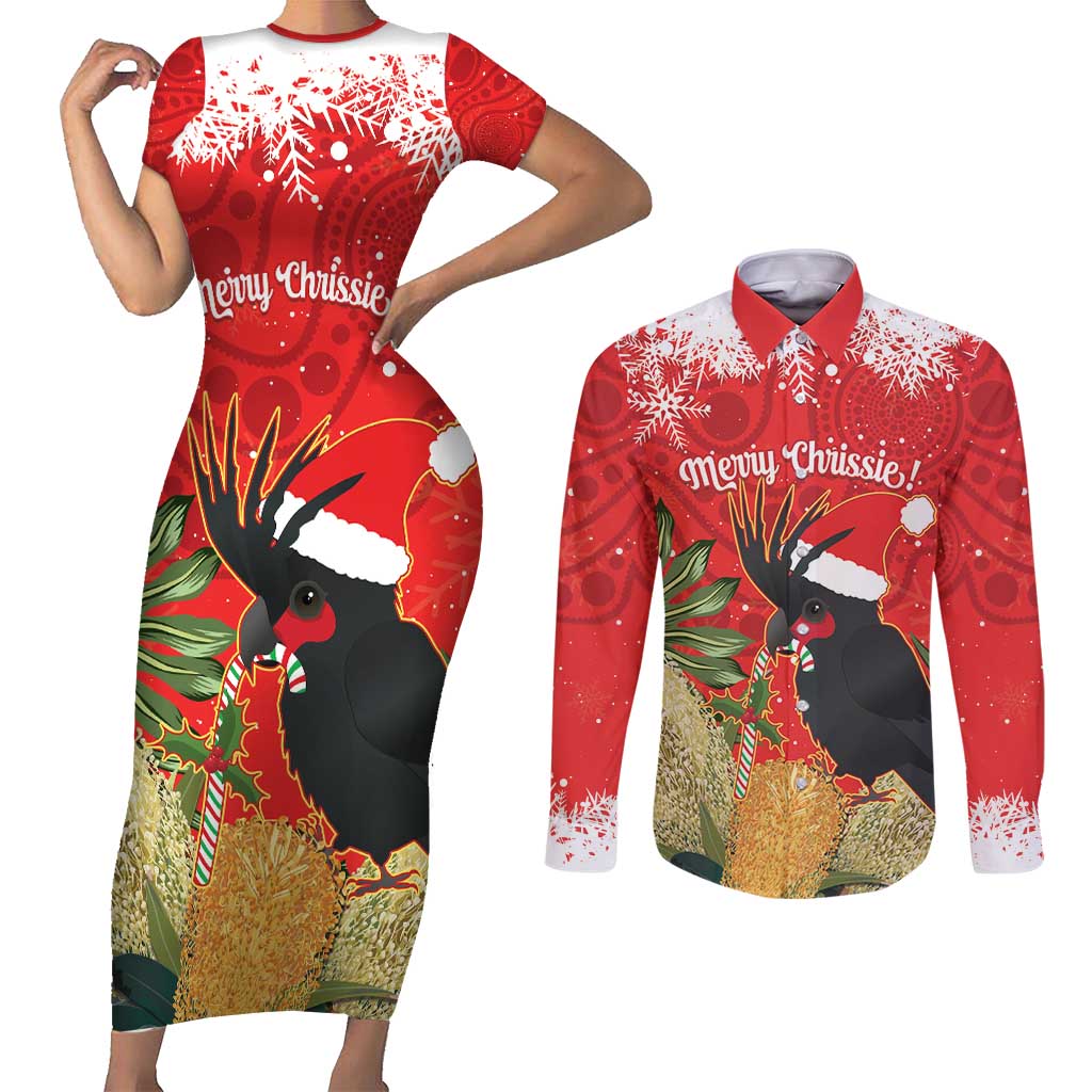 Personalised Palm Cockatoo Australia Christmas Couples Matching Short Sleeve Bodycon Dress and Long Sleeve Button Shirt Merry Chrissie - Banksia Flowers
