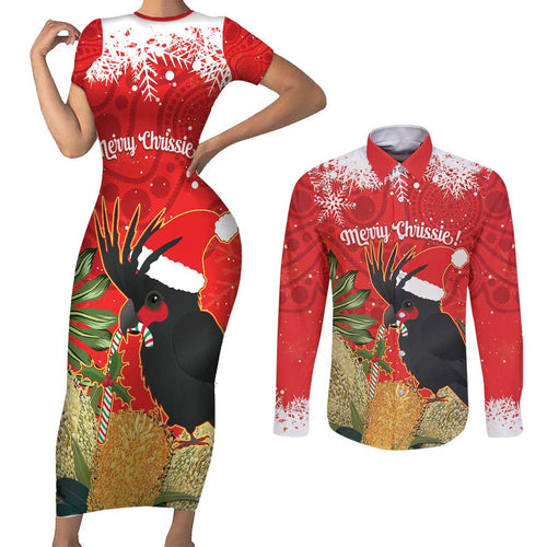 Personalised Palm Cockatoo Australia Christmas Couples Matching Short Sleeve Bodycon Dress and Long Sleeve Button Shirt Merry Chrissie - Banksia Flowers