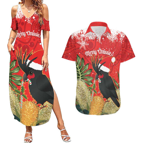Personalised Palm Cockatoo Australia Christmas Couples Matching Summer Maxi Dress and Hawaiian Shirt Merry Chrissie - Banksia Flowers