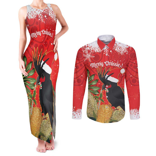 Personalised Palm Cockatoo Australia Christmas Couples Matching Tank Maxi Dress and Long Sleeve Button Shirt Merry Chrissie - Banksia Flowers