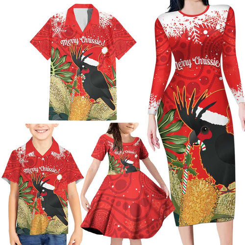 Personalised Palm Cockatoo Australia Christmas Family Matching Long Sleeve Bodycon Dress and Hawaiian Shirt Merry Chrissie - Banksia Flowers