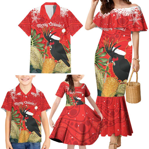 Personalised Palm Cockatoo Australia Christmas Family Matching Mermaid Dress and Hawaiian Shirt Merry Chrissie - Banksia Flowers