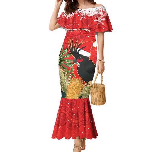 Personalised Palm Cockatoo Australia Christmas Family Matching Mermaid Dress and Hawaiian Shirt Merry Chrissie - Banksia Flowers