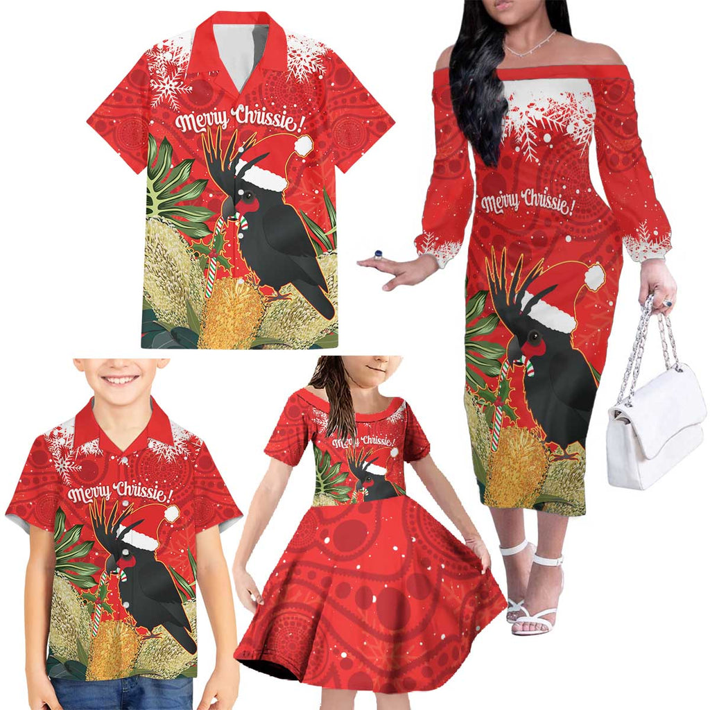 Personalised Palm Cockatoo Australia Christmas Family Matching Off The Shoulder Long Sleeve Dress and Hawaiian Shirt Merry Chrissie - Banksia Flowers