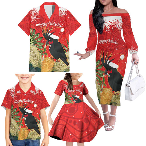 Personalised Palm Cockatoo Australia Christmas Family Matching Off The Shoulder Long Sleeve Dress and Hawaiian Shirt Merry Chrissie - Banksia Flowers