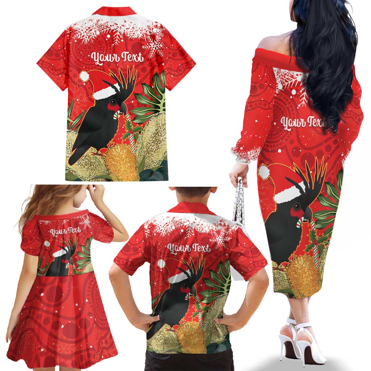Personalised Palm Cockatoo Australia Christmas Family Matching Off The Shoulder Long Sleeve Dress and Hawaiian Shirt Merry Chrissie - Banksia Flowers