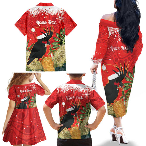 Personalised Palm Cockatoo Australia Christmas Family Matching Off The Shoulder Long Sleeve Dress and Hawaiian Shirt Merry Chrissie - Banksia Flowers