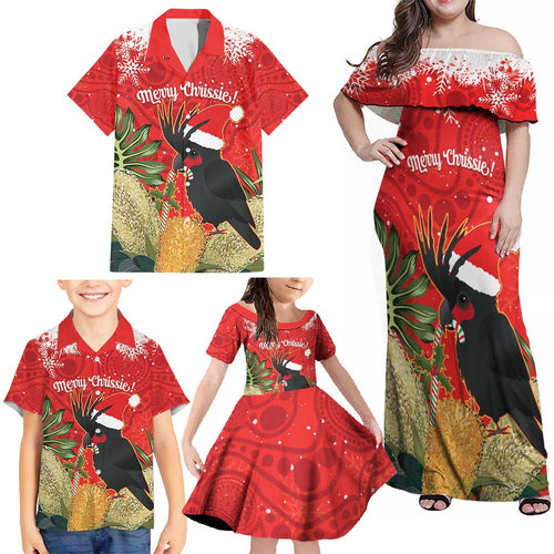 Personalised Palm Cockatoo Australia Christmas Family Matching Off Shoulder Maxi Dress and Hawaiian Shirt Merry Chrissie - Banksia Flowers