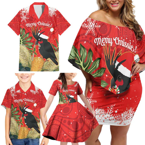 Personalised Palm Cockatoo Australia Christmas Family Matching Off Shoulder Short Dress and Hawaiian Shirt Merry Chrissie - Banksia Flowers