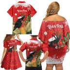 Personalised Palm Cockatoo Australia Christmas Family Matching Off Shoulder Short Dress and Hawaiian Shirt Merry Chrissie - Banksia Flowers