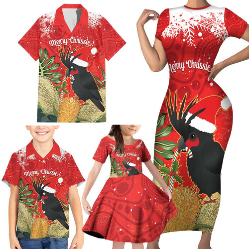 Personalised Palm Cockatoo Australia Christmas Family Matching Short Sleeve Bodycon Dress and Hawaiian Shirt Merry Chrissie - Banksia Flowers