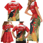 Personalised Palm Cockatoo Australia Christmas Family Matching Short Sleeve Bodycon Dress and Hawaiian Shirt Merry Chrissie - Banksia Flowers